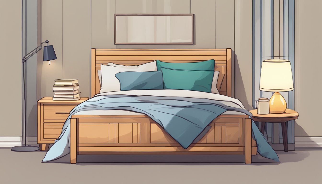 A neatly made super single bed with a cozy comforter, fluffy pillows, and a soft throw blanket. A bedside table holds a reading lamp and a stack of books