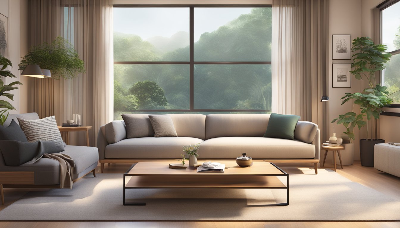 A cozy living room in Singapore, with a sleek sofa, modern coffee table, and elegant bookshelf, all bathed in warm natural light