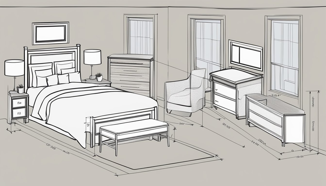 A bedroom with various bed sizes displayed, including twin, full, queen, and king, with measurements and labels for each size