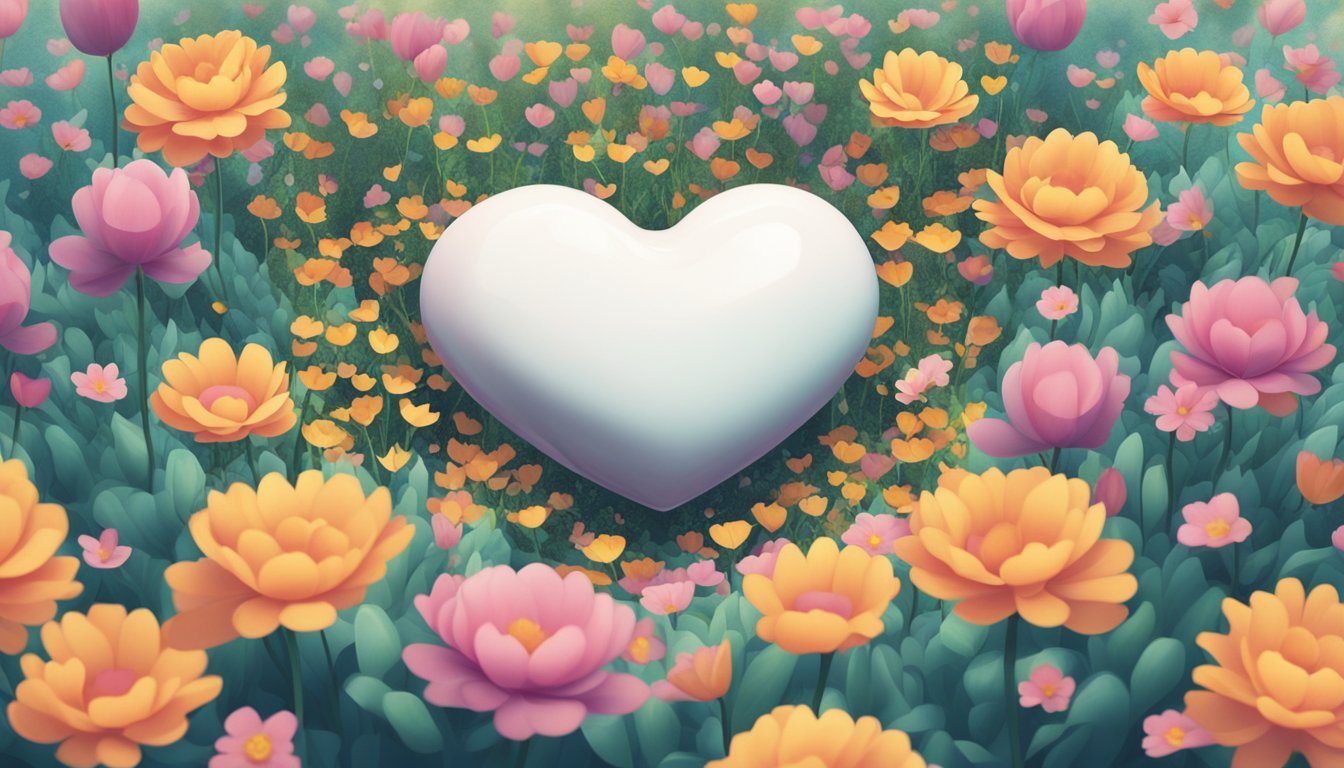 A heart floating above a bed of flowers, with a subtle motion blur to portray the skipping of a beat