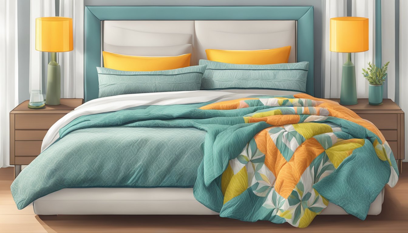 A neatly made bed with a bright, colorful bedspread and a stack of clean, folded linens nearby