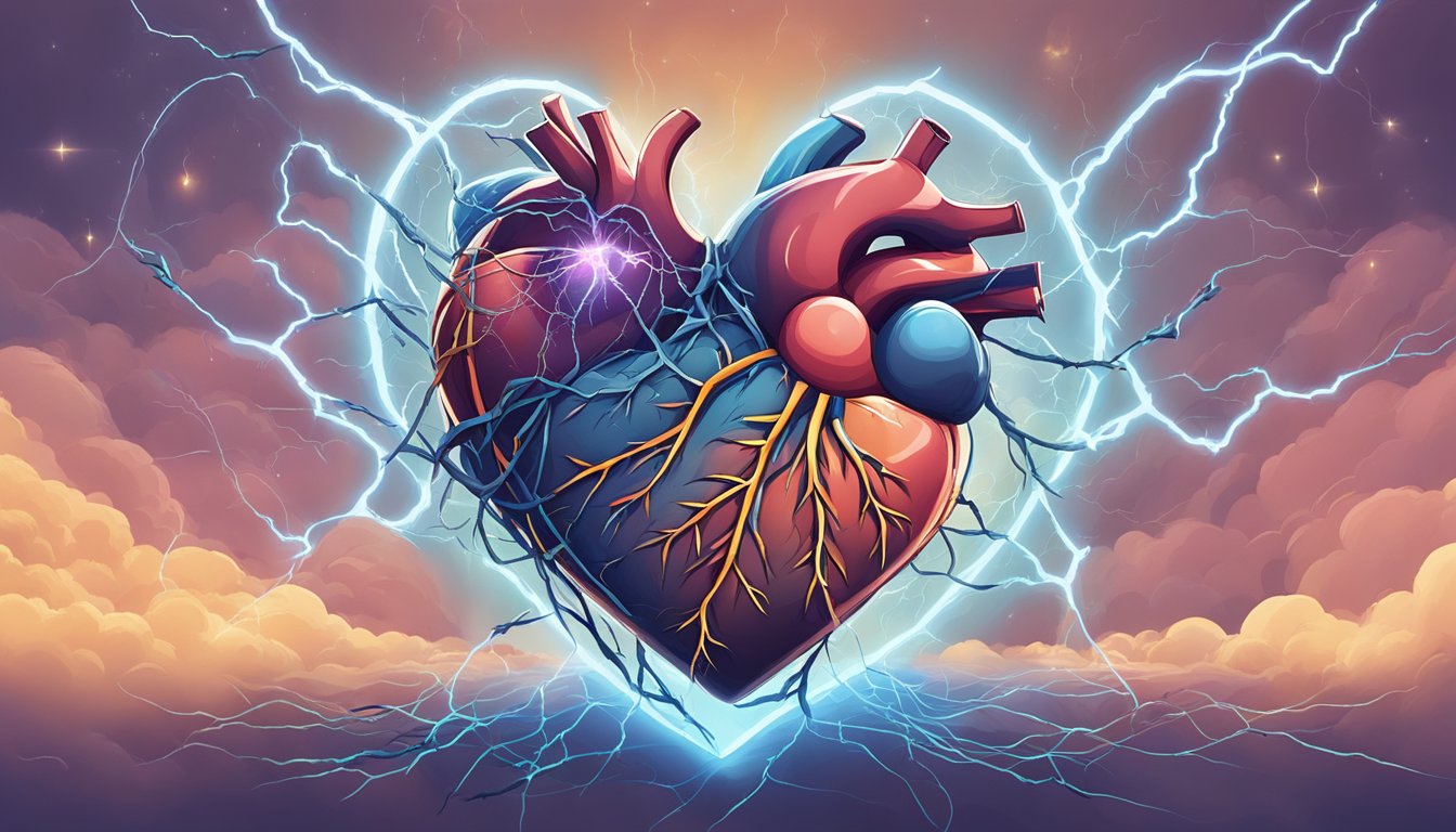 A heart-shaped object quivers and jumps, surrounded by lightning bolts and a tangled web of emotions