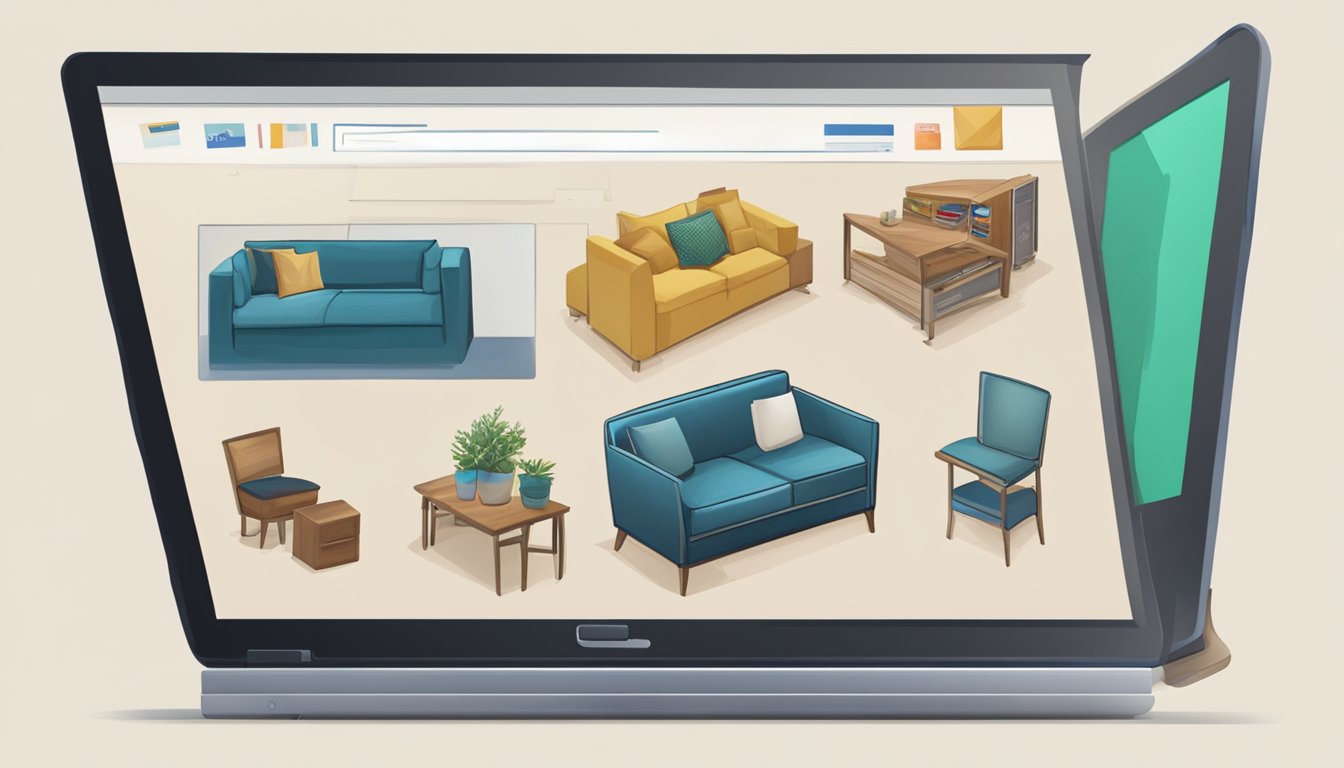 A computer screen displays a variety of furniture options. A credit card sits nearby as a cursor hovers over the "add to cart" button