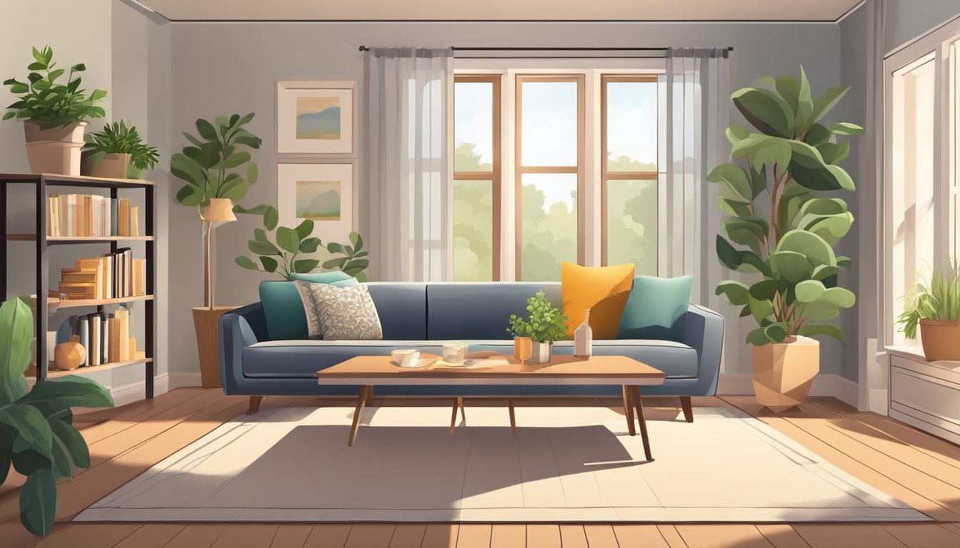 A cozy living room with a modern sofa, coffee table, and bookshelf. A family-friendly dining area with a table and chairs. Bright lighting and plants add a warm touch