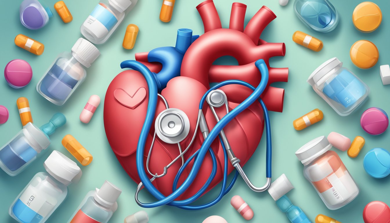 A heart with a pause symbol, surrounded by a stethoscope and medication bottles