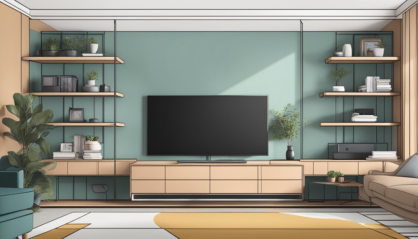 A sleek, modern TV console with clean lines and minimalistic design, featuring open shelving and a built-in cable management system