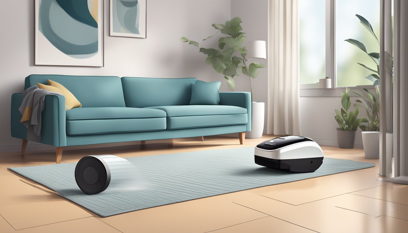 A modern living room with a sleek and stylish cordless vacuum cleaner displayed prominently on a clean and clutter-free floor