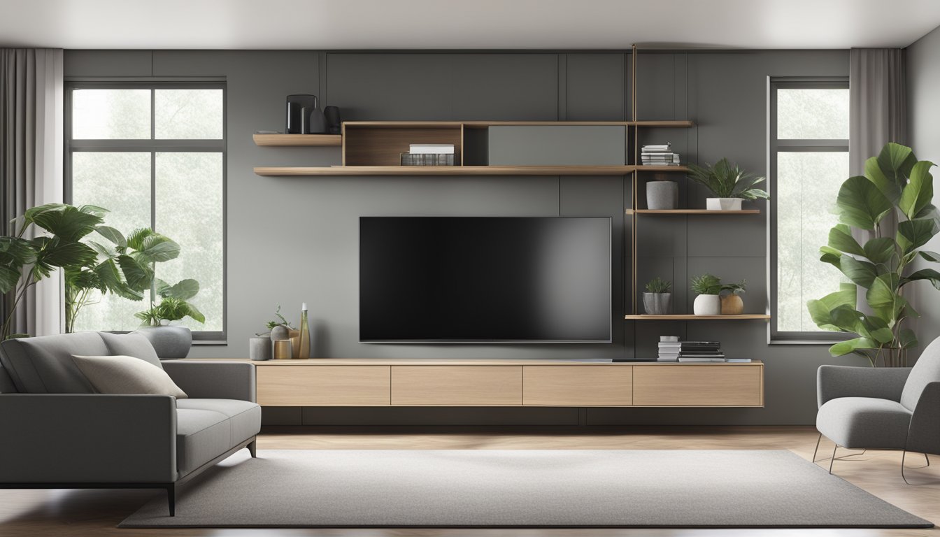 Sleek, minimalist TV console in a modern living room, with clean lines and built-in storage compartments. A wall-mounted TV complements the design