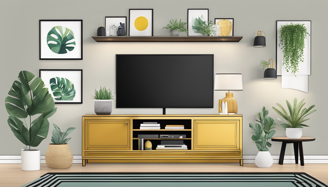 A sleek TV console adorned with decorative objects and framed art, complemented by stylish lighting and a pop of greenery