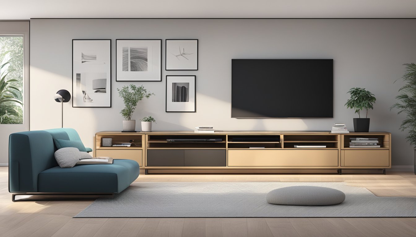 A sleek, modern TV console with clean lines and minimalistic design. The console features multiple shelves and compartments for organization