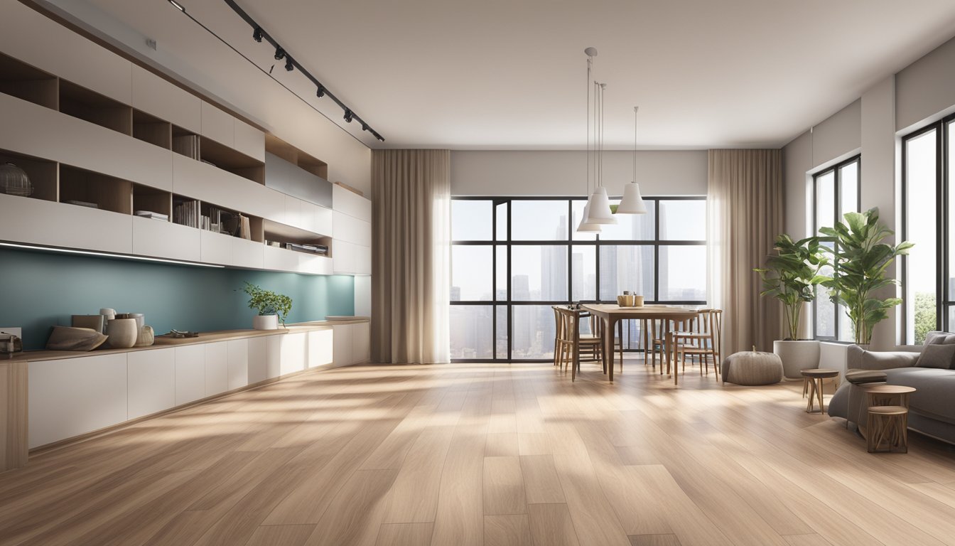 A room with HDB flooring, featuring wood-look vinyl planks in a herringbone pattern, with natural light streaming in through a large window