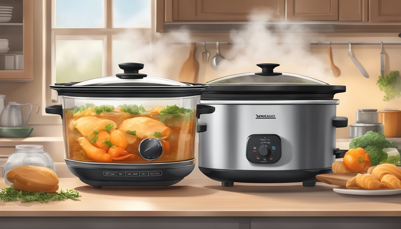 A slow cooker sits on a kitchen counter, steam rising from the lid as savory aromas fill the air. Ingredients are visible through the glass, and a warm, cozy atmosphere is suggested