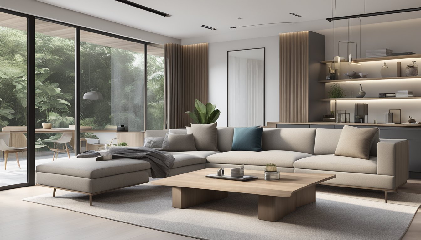 A sleek, minimalist living room with contemporary furniture in Singapore. Clean lines, neutral colors, and high-quality materials create a sophisticated and stylish space