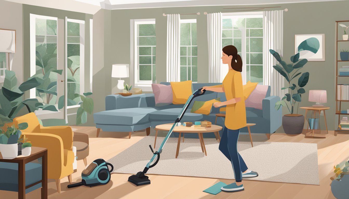 A woman vacuuming her living room with a cordless vacuum cleaner, surrounded by furniture and decor