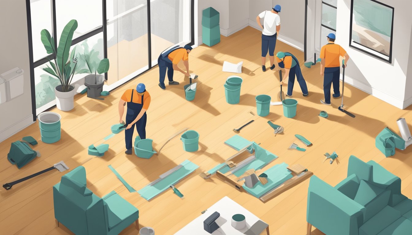 A team installs new flooring in a renovated HDB apartment, with tools and materials scattered around the room