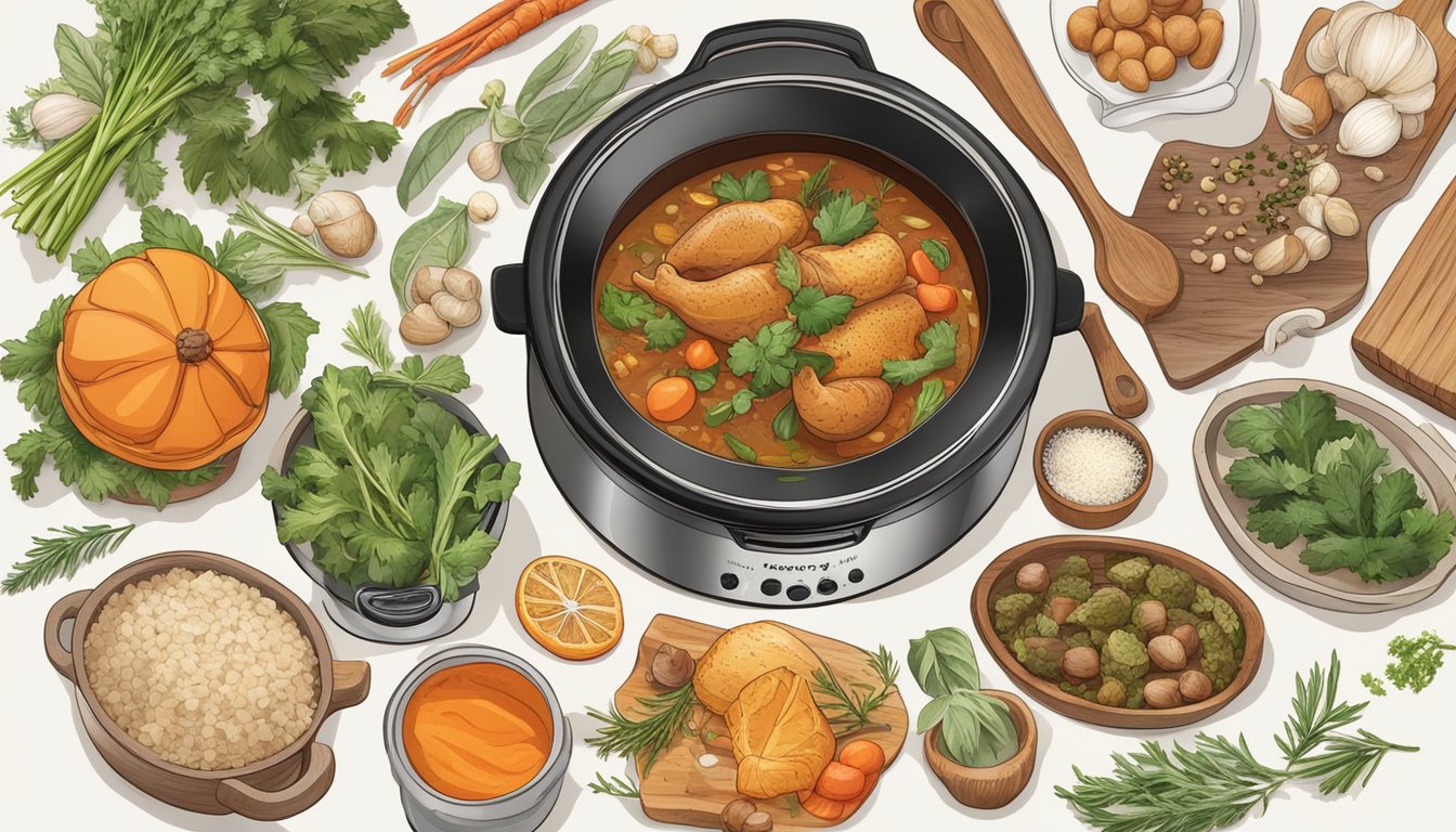 A slow cooker surrounded by various fresh ingredients and spices, emitting a warm, inviting aroma