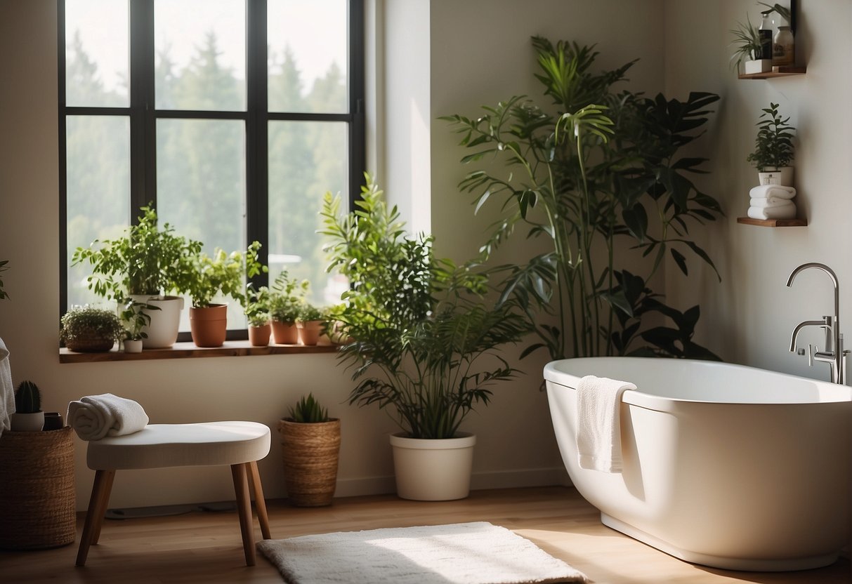 Une salle de bain sereine avec lumière naturelle, des étagères remplies de produits de soin, une serviette douce drapée sur une chaise et une plante en pot ajoutant une touche de verdure