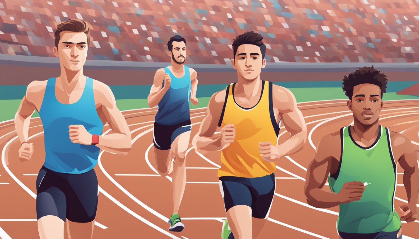 Athletes running on a track, heart rate monitors strapped to their chests, with a coach observing and taking notes