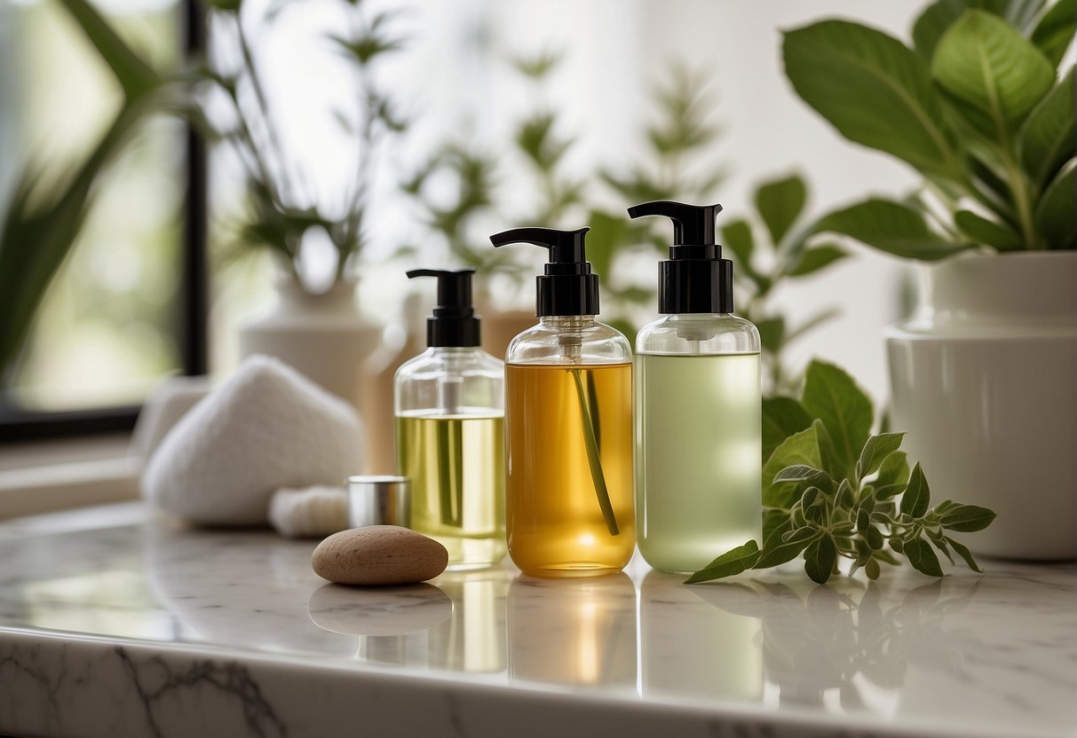 A variety of skincare products arranged on a clean, organized countertop. Natural elements like plants and herbs are incorporated into the scene to convey a holistic approach to skincare