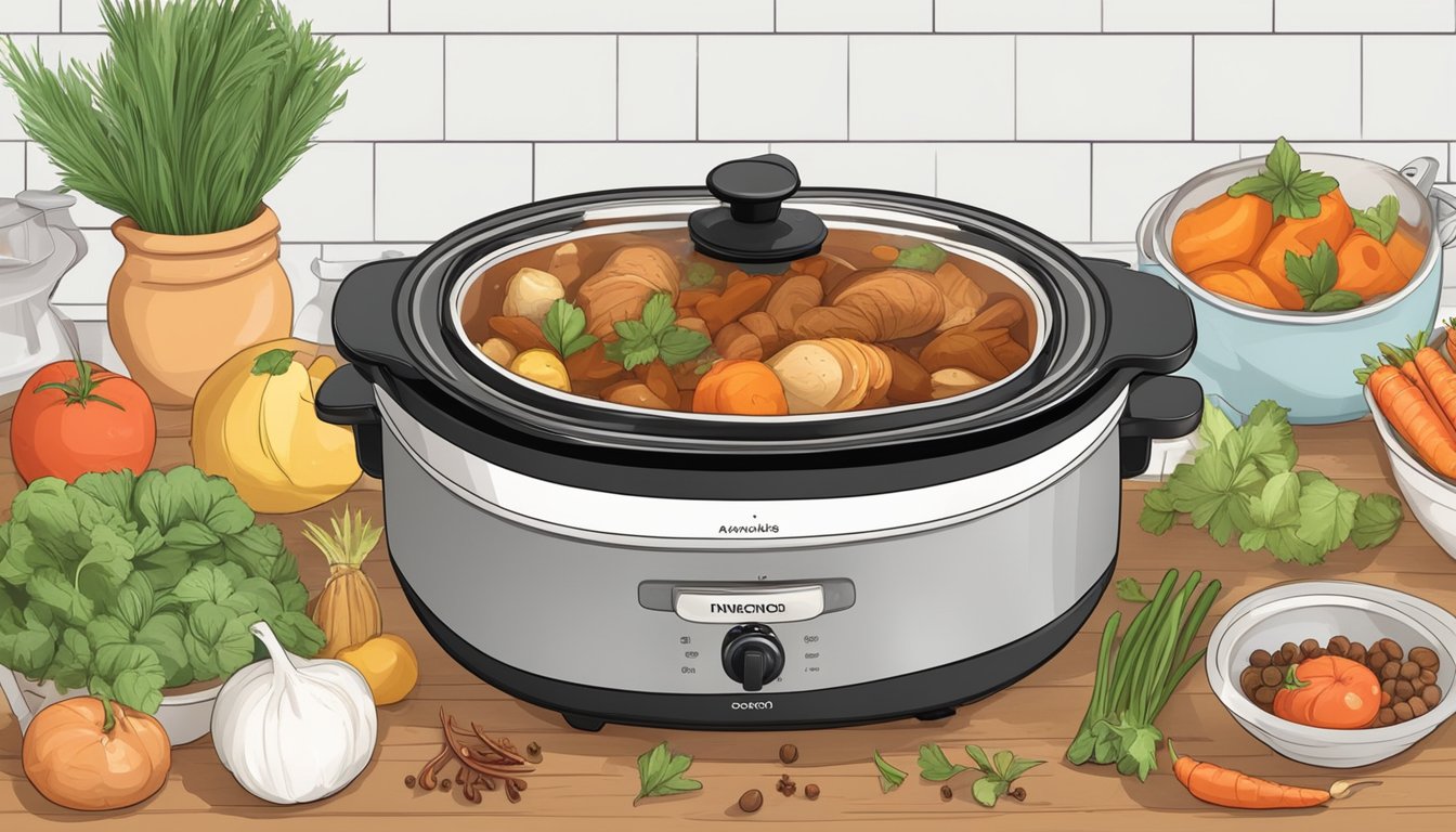 A slow cooker sits on a kitchen counter, surrounded by fresh ingredients and spices. A timer is set, and steam rises from the pot as a delicious aroma fills the air