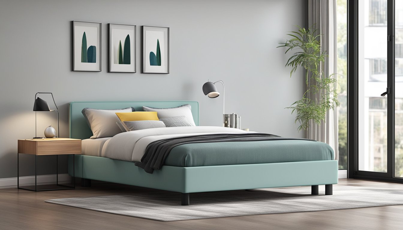 A single bed frame stands alone, simple and sturdy. It has a sleek design with clean lines and minimalistic features. The frame is made of durable material and has a smooth, polished finish