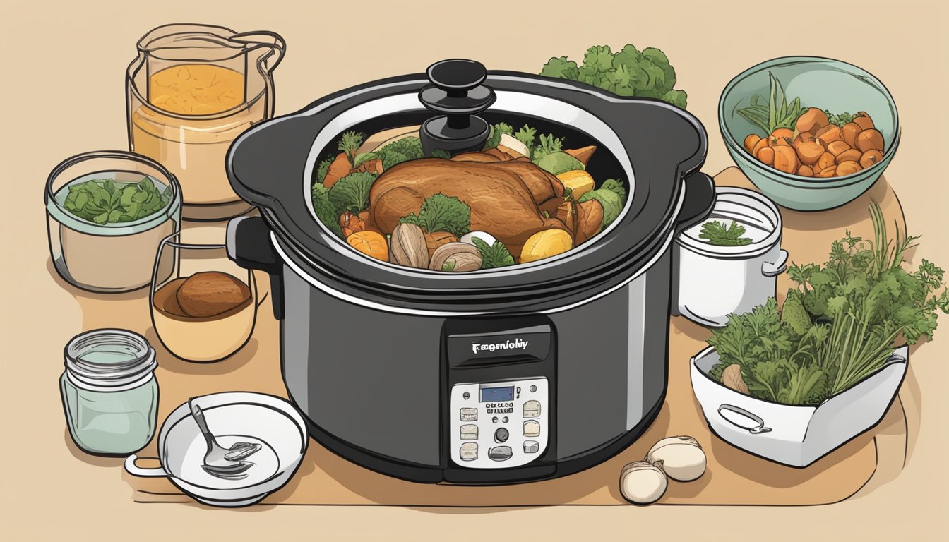 A slow cooker surrounded by various ingredients and a cookbook open to a page with "Frequently Asked Questions" highlighted