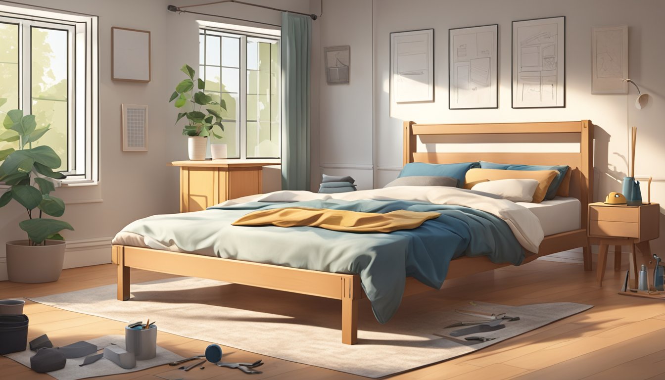 A single bed frame being assembled with tools and instructions scattered around in a well-lit room with a cozy and inviting atmosphere