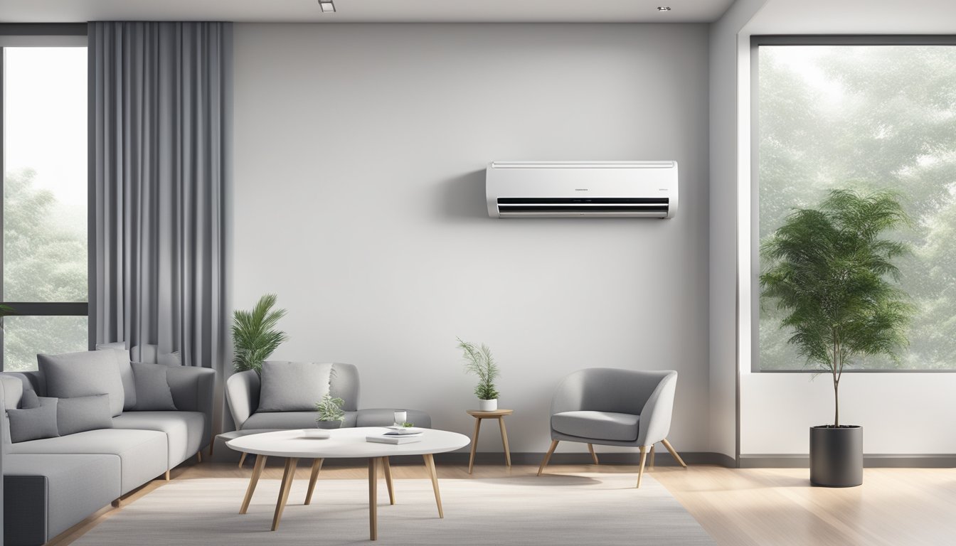 A modern air conditioner unit mounted on a white wall in a contemporary Singaporean office, with sleek lines and a digital display