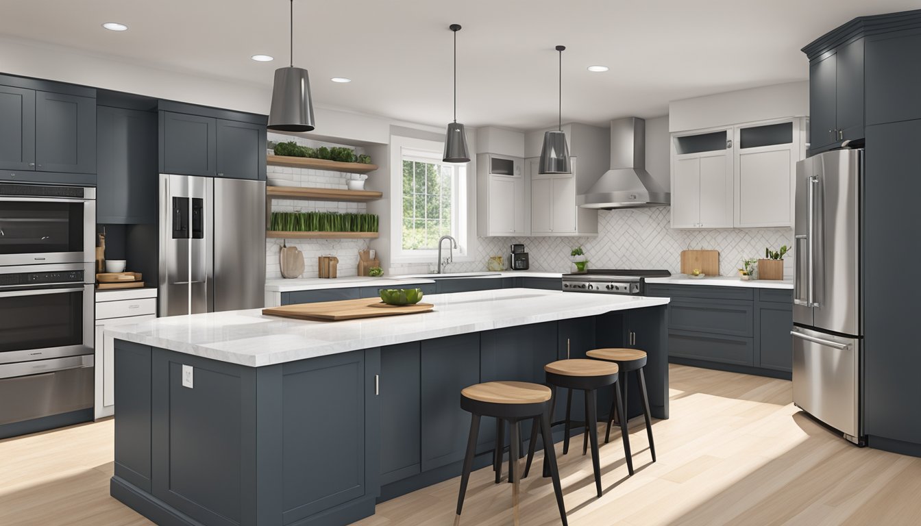 A modern, sleek kitchen with clean lines, high-end appliances, and ample storage. The color scheme is neutral with pops of bold, vibrant accents