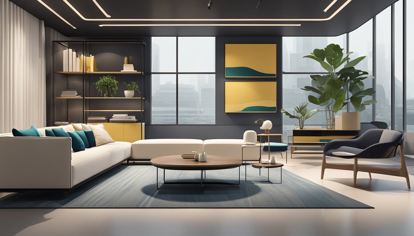 A sleek, minimalist showroom in Singapore showcases modern furniture designs, with clean lines and bold colors, creating a sophisticated and stylish atmosphere