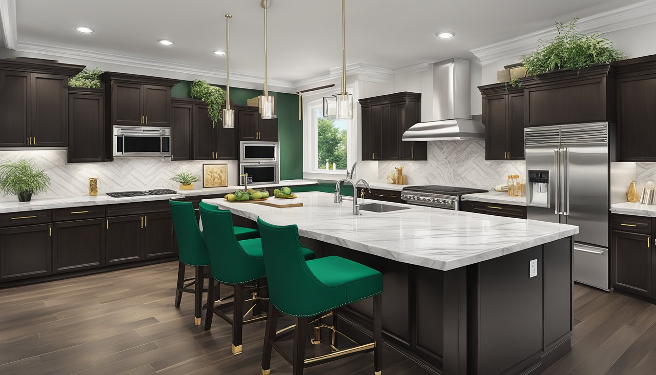 A sleek, modern kitchen with white marble countertops, dark wood cabinets, and stainless steel appliances. Accents of emerald green and gold add a touch of luxury