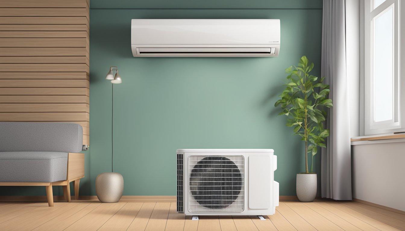 A modern air conditioner unit installed in a well-ventilated room with energy-efficient features and sustainable materials