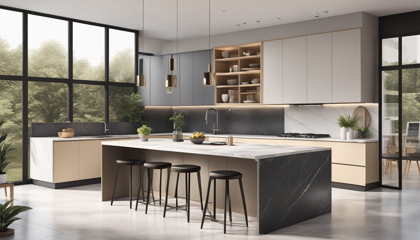 A modern kitchen with sleek cabinets, marble countertops, and a large island. A minimalist design with ample storage and natural light