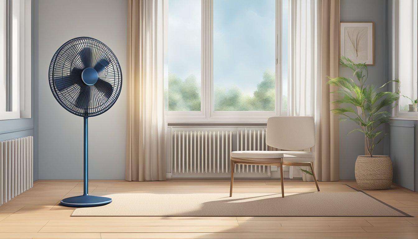 A corner fan whirring quietly, casting a gentle breeze across the room, its blades spinning in a hypnotic rhythm