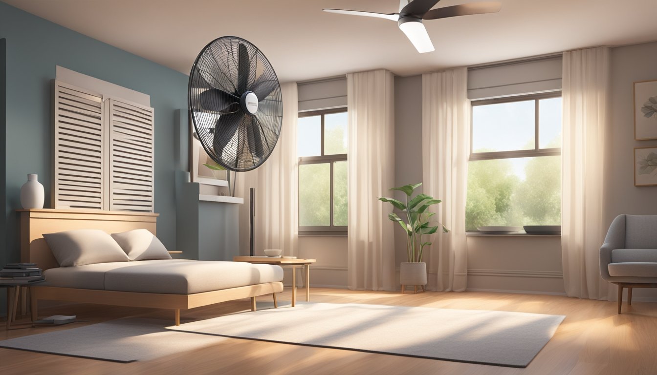 A corner fan spins quietly in a cozy room, casting a gentle breeze across the space. The fan's blades are sleek and modern, with a soft glow emanating from its base