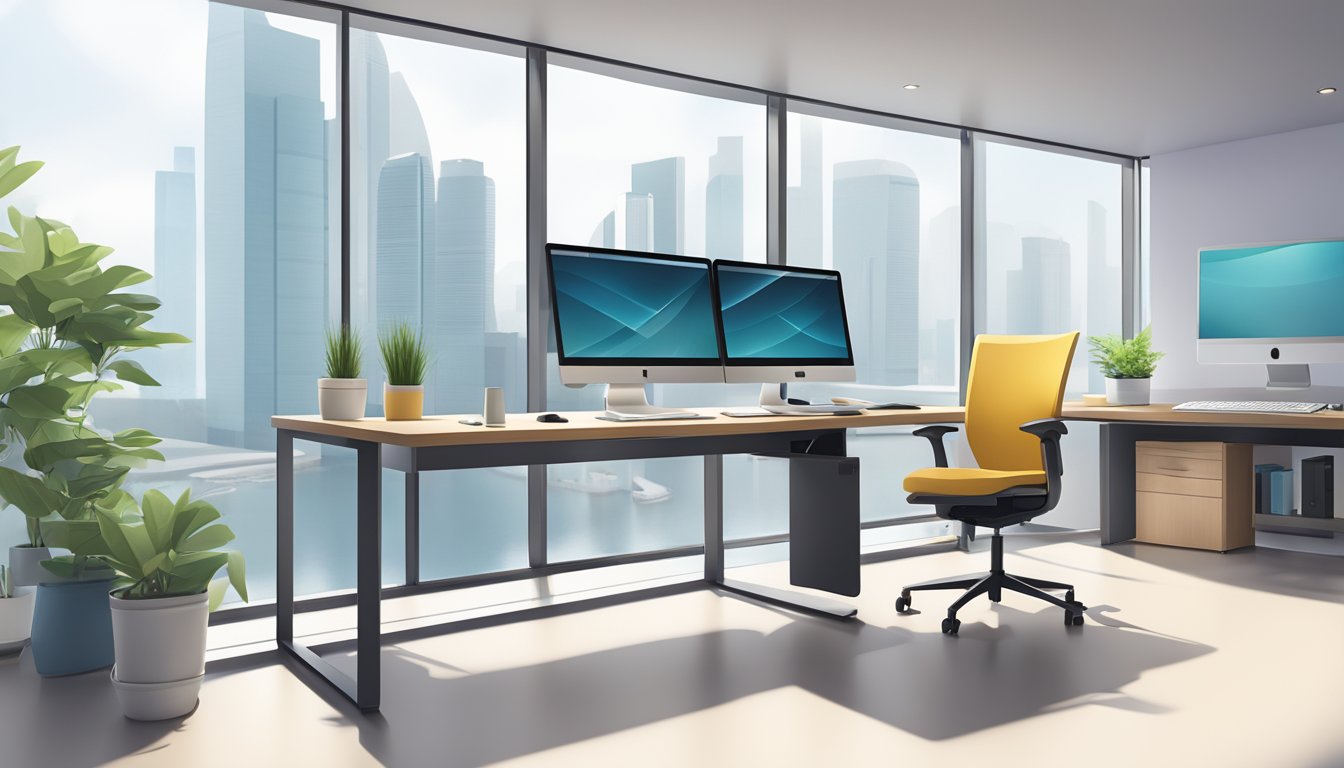 A sleek computer table in a modern Singapore office, with a minimalist design and high-tech gadgets