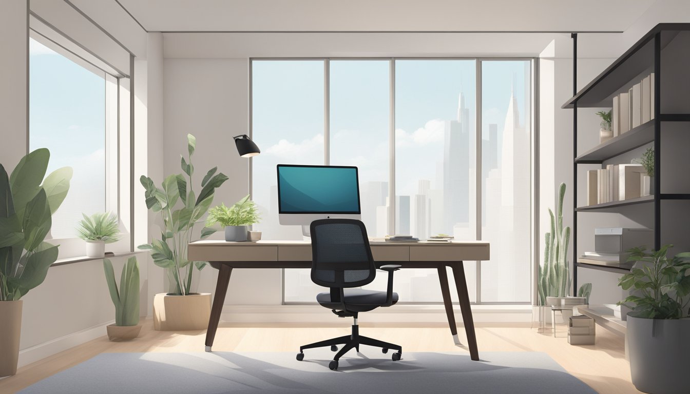 A sleek, modern computer table sits against a backdrop of a minimalist, well-lit room. The table is spacious, with clean lines and a neutral color palette, making it the perfect addition to any contemporary workspace