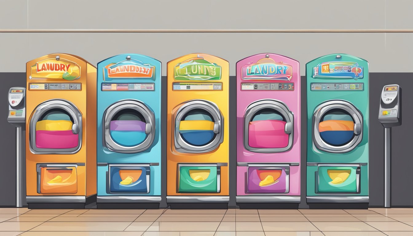 A row of colorful laundry signs hang above a coin-operated machine, each indicating different washing and drying instructions