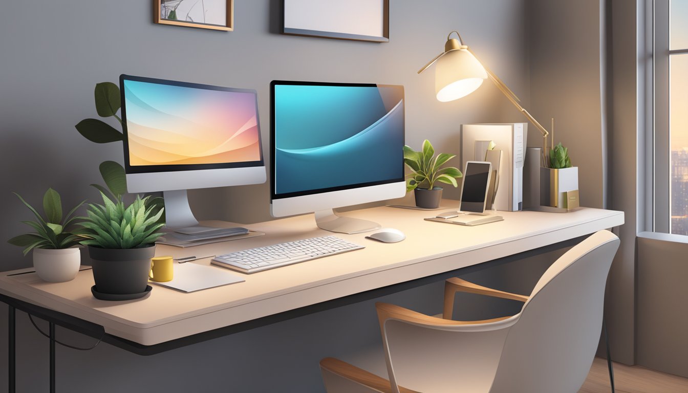 A sleek computer table with a modern monitor, keyboard, mouse, and desk organizer. A stylish lamp and potted plant add a touch of sophistication