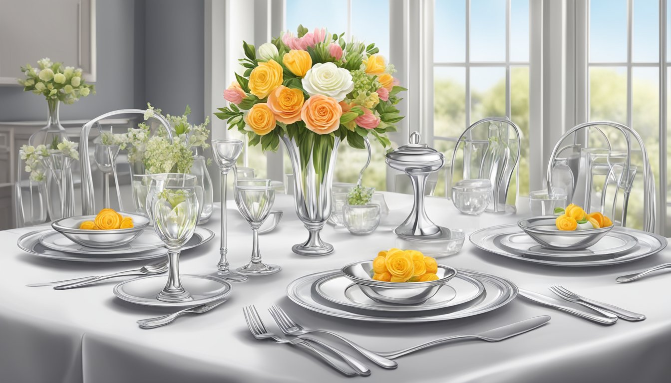 A dining table set with elegant dinnerware, polished silverware, and a centerpiece of fresh flowers in a crystal vase