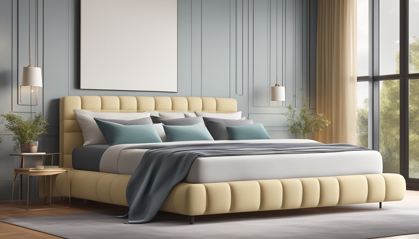 A latex mattress lies on a sleek bed frame, surrounded by plush pillows and a cozy duvet