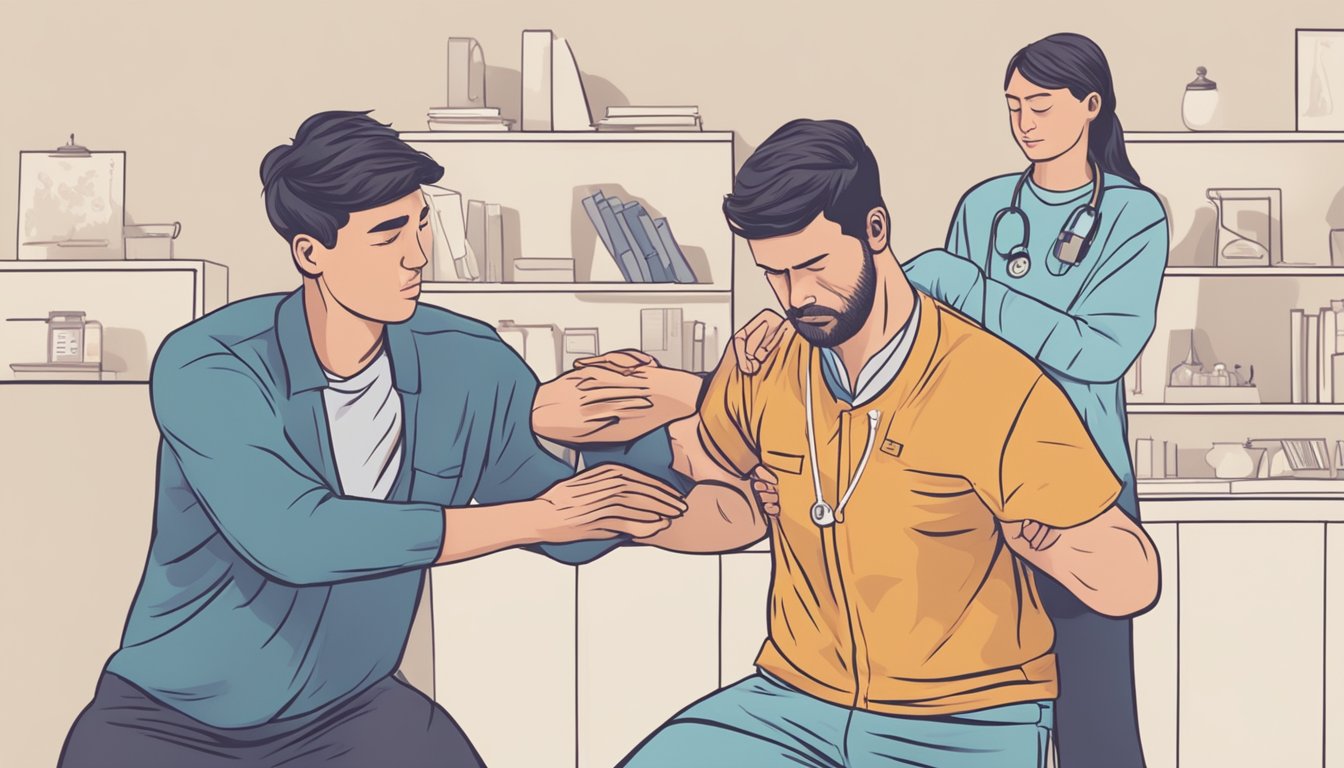 A person clutching their chest in pain, while another person performs CPR on them