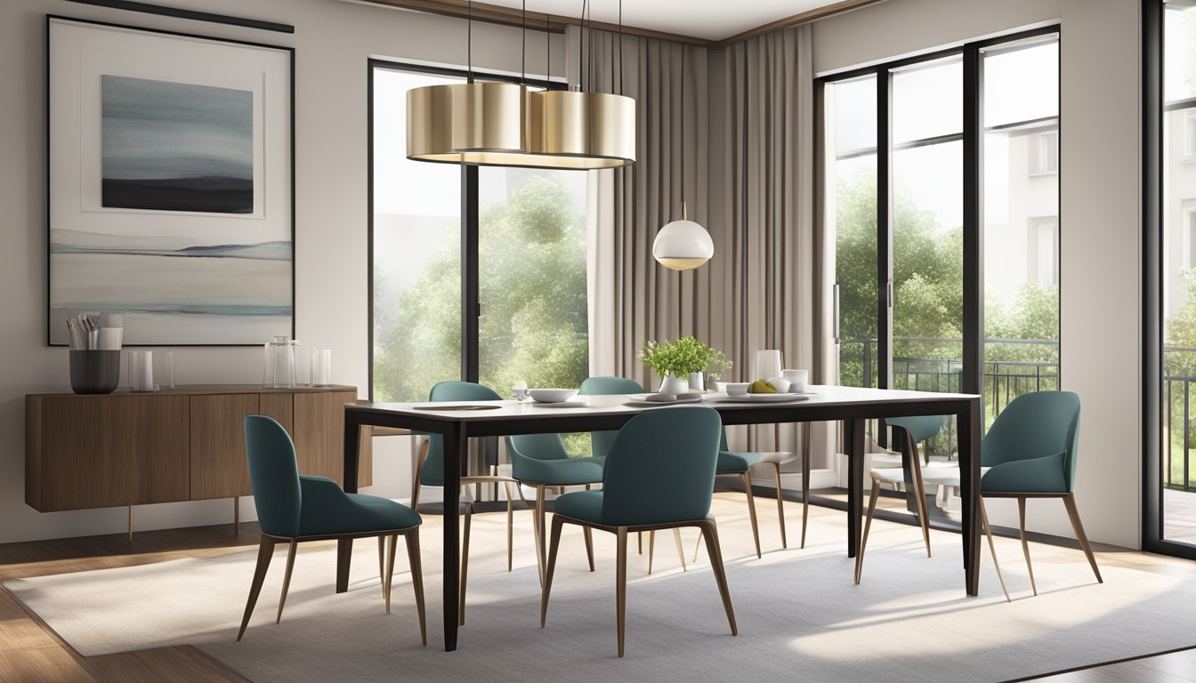 A well-lit dining room with a sleek, modern table set for four, featuring clean lines, a polished surface, and comfortable chairs