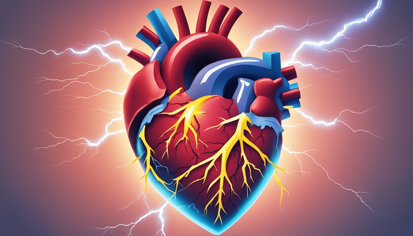 A heart with a lightning bolt striking it to represent cardiac arrest, and a blocked artery to represent a heart attack