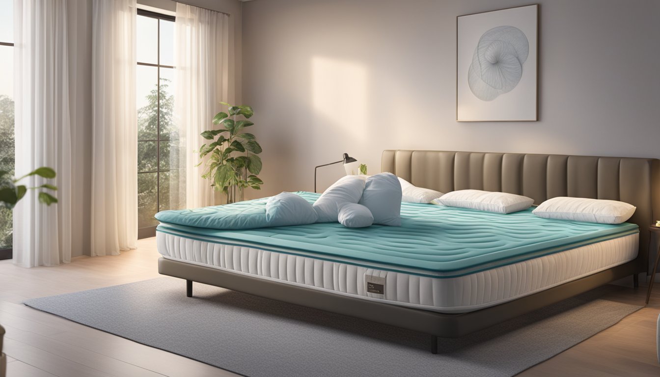 A person lying comfortably on a latex mattress, surrounded by a peaceful, serene atmosphere. The mattress is supportive and contouring, providing pressure relief and a restful sleep experience