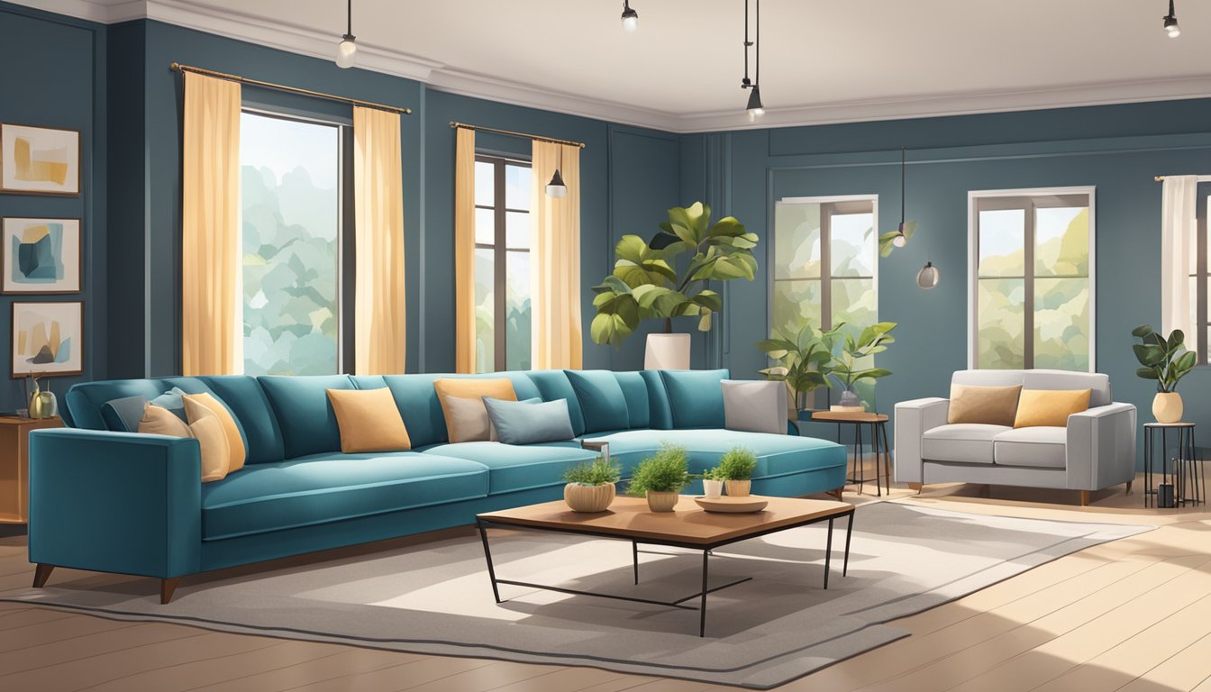 A cozy living room with a variety of stylish sofas on sale, displayed in a well-lit and inviting showroom