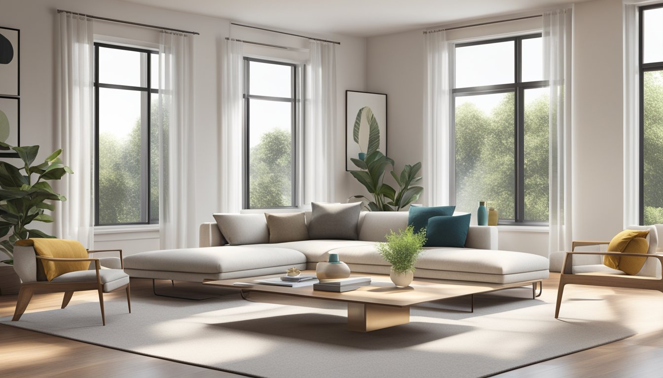 A sleek, modern living room with a simple sofa, clean-lined coffee table, and unadorned shelves. White walls and large windows let in natural light