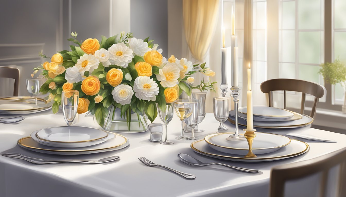 A dining table set with elegant tableware, sparkling glassware, and a centerpiece of fresh flowers and candles