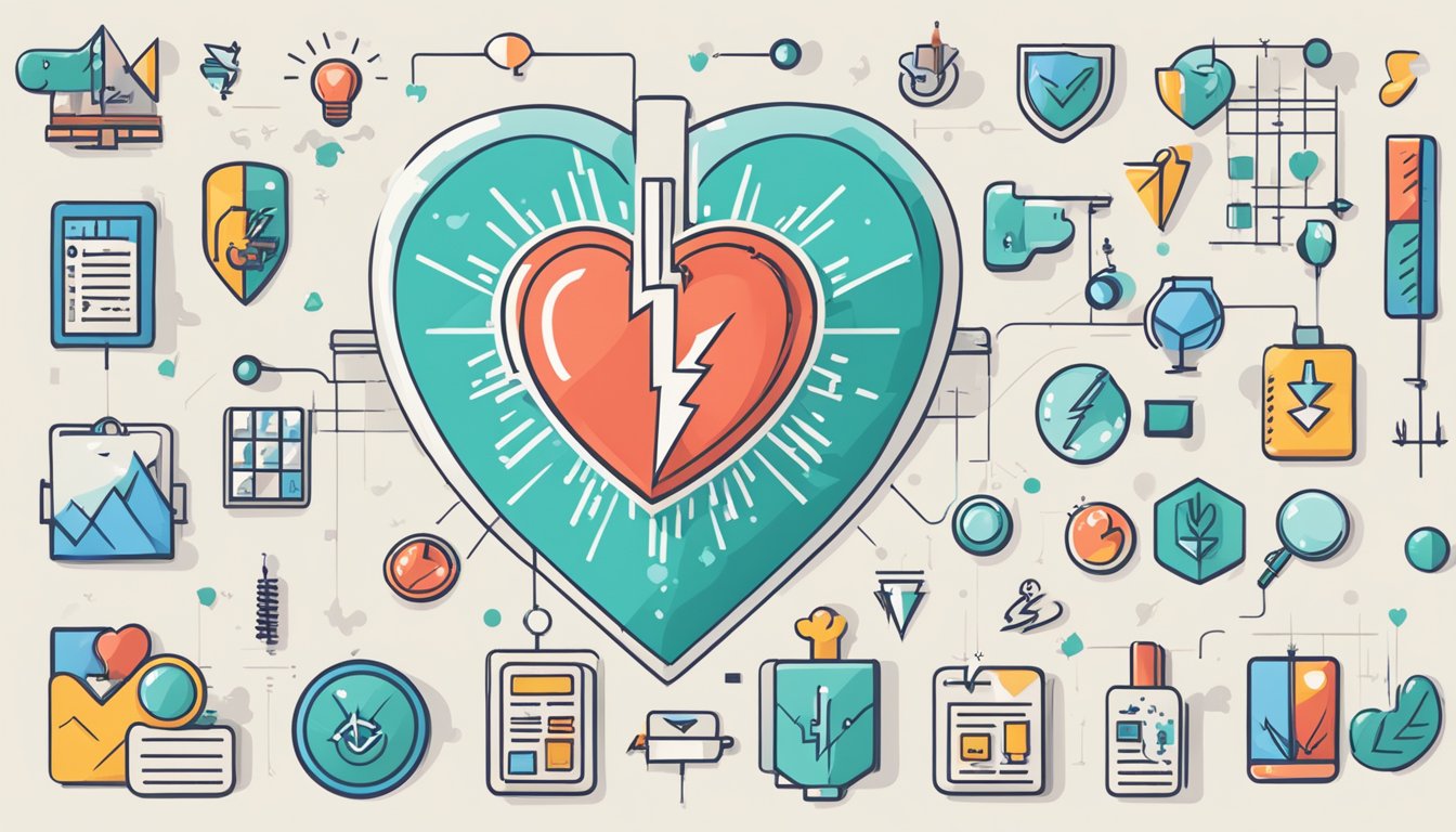 A heart with a lightning bolt symbolizing causes and risk factors, surrounded by medical icons and warning signs