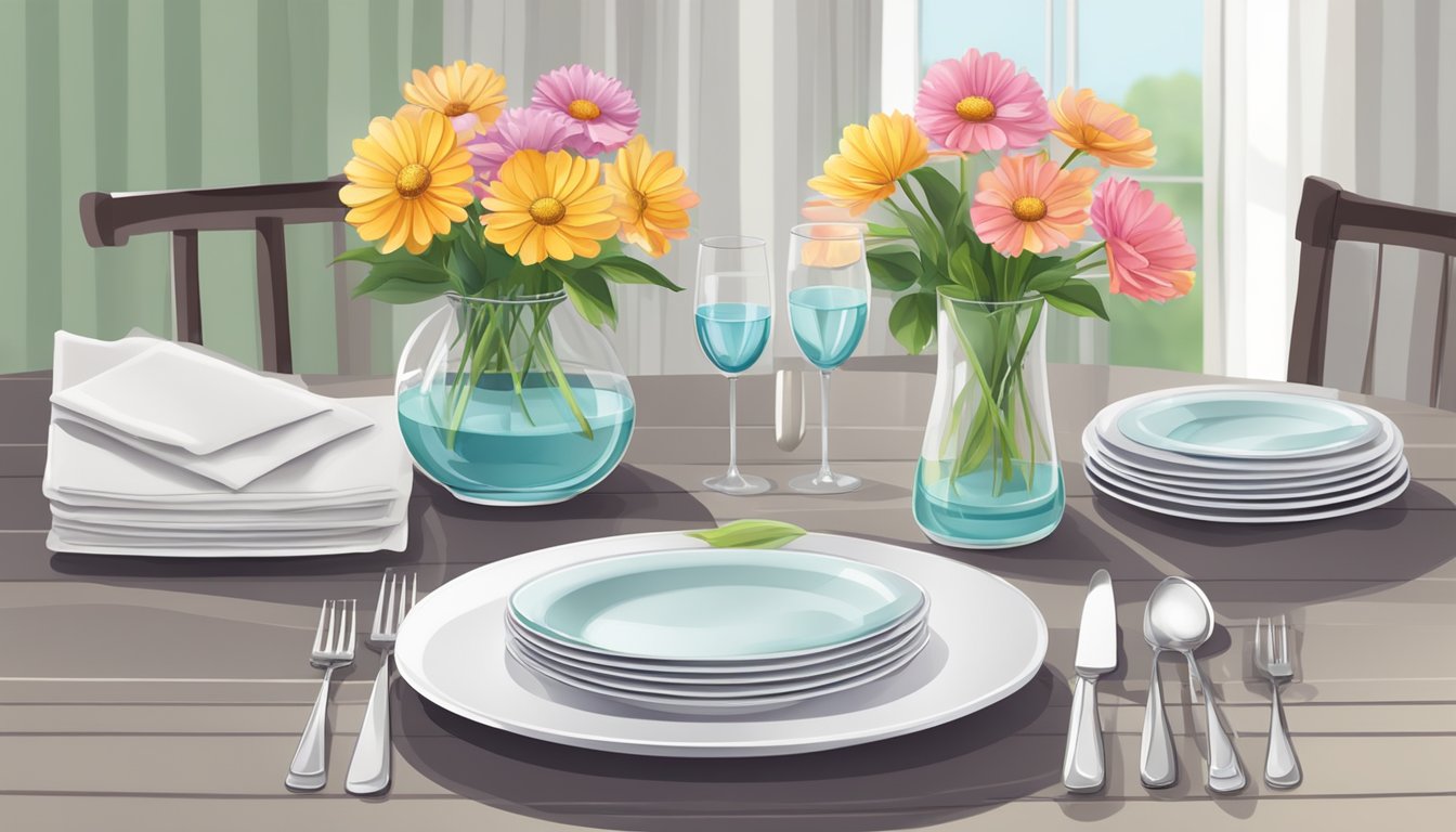 A dining table set with neatly arranged plates, cutlery, and glasses. A stack of napkins and a centerpiece vase with flowers
